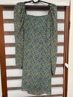 Suzy Shier Teal blue Floral Long-Sleeve Square Neck Dress